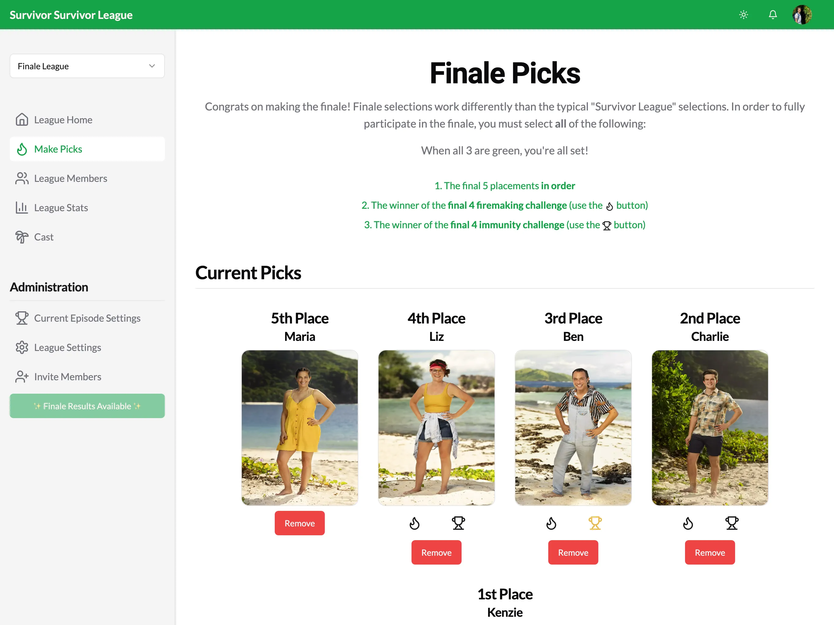 Screenshot of finale page